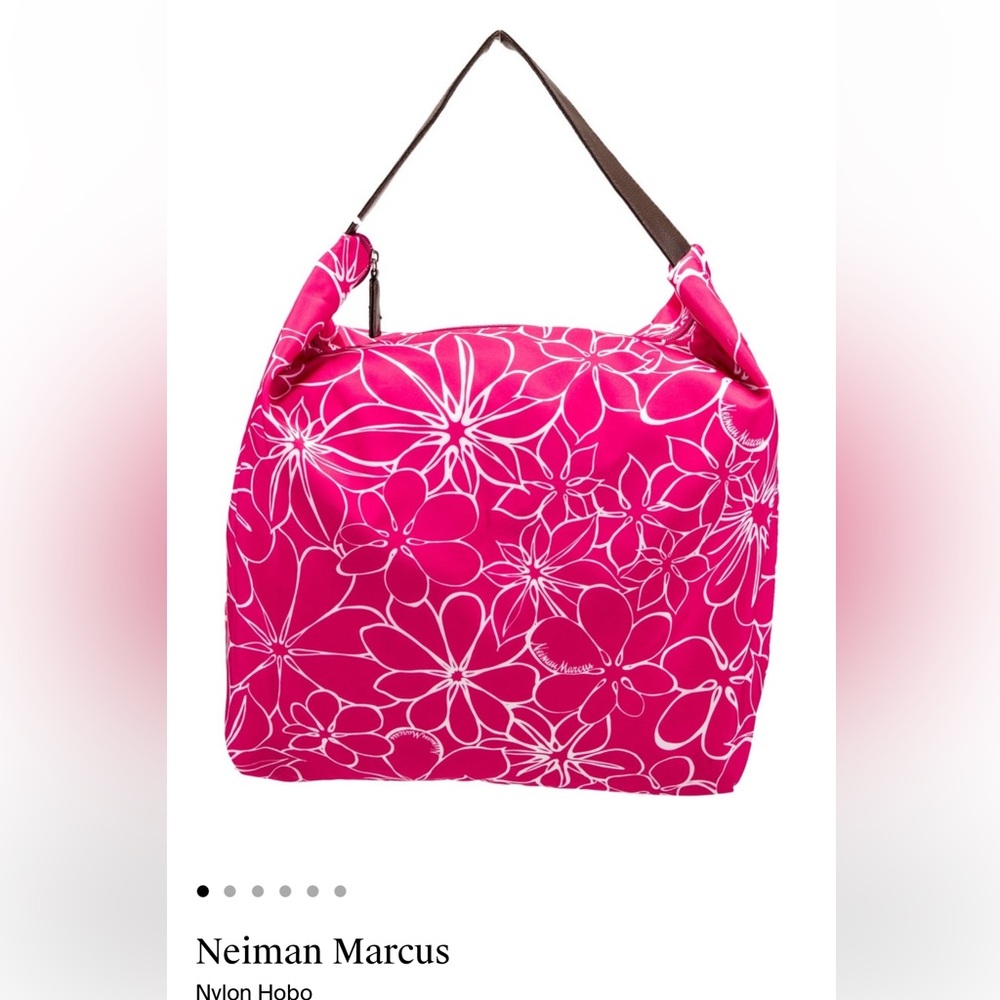 NWT! Neiman Marcus floral nylon tote with brown vegan leather strap - Picture 3 of 11